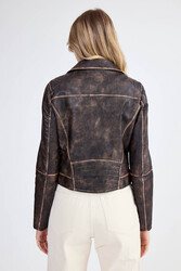 Fermuarlı Suni Deri Crop Biker Ceket - 13