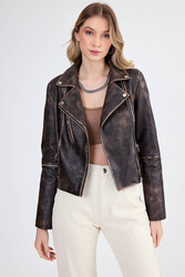 Fermuarlı Suni Deri Crop Biker Ceket - 16