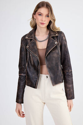 Fermuarlı Suni Deri Crop Biker Ceket - Thumbnail (15)