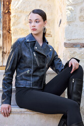 Fermuarlı Suni Deri Crop Biker Ceket - 1