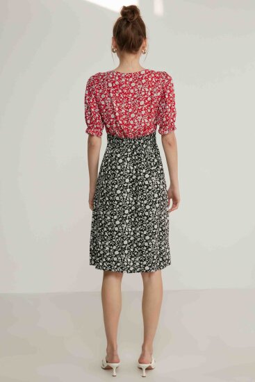 Garnili Çıtır Çiçek Desen V Yaka Elbise - 4