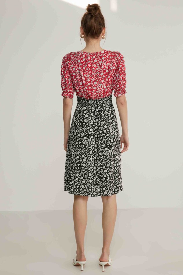 Garnili Çıtır Çiçek Desen V Yaka Elbise - 4