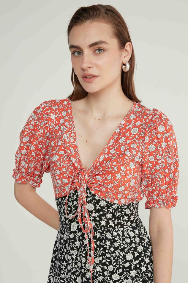 Garnili Çıtır Çiçek Desen V Yaka Elbise - 6