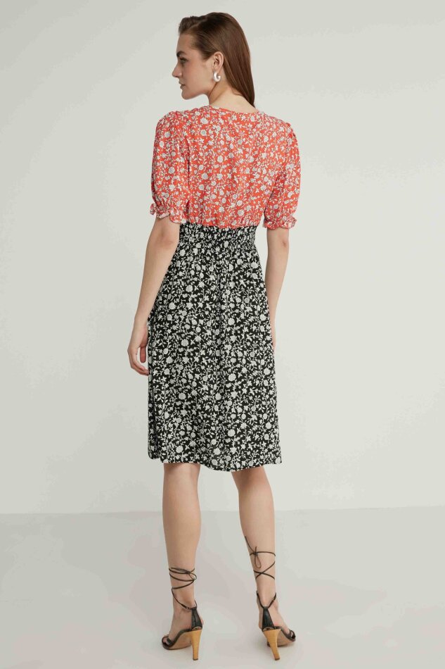 Garnili Çıtır Çiçek Desen V Yaka Elbise - 7