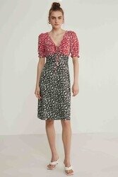 Garnili Çıtır Çiçek Desen V Yaka Elbise - 19