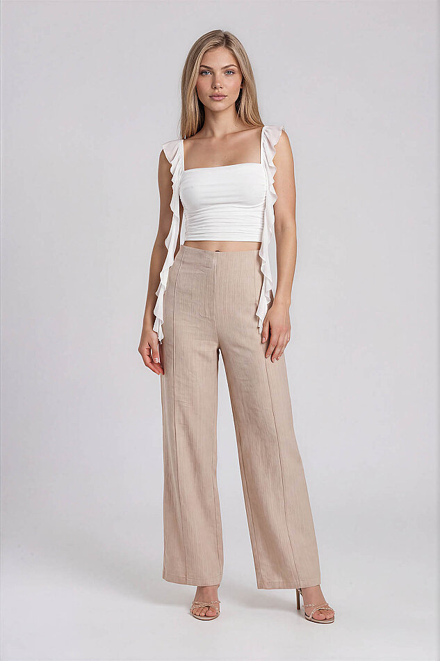 Geniş Paça Beli Lastikli Çizgili Pantolon - 4
