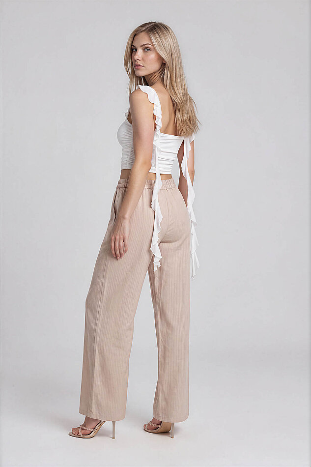 Geniş Paça Beli Lastikli Çizgili Pantolon - 6