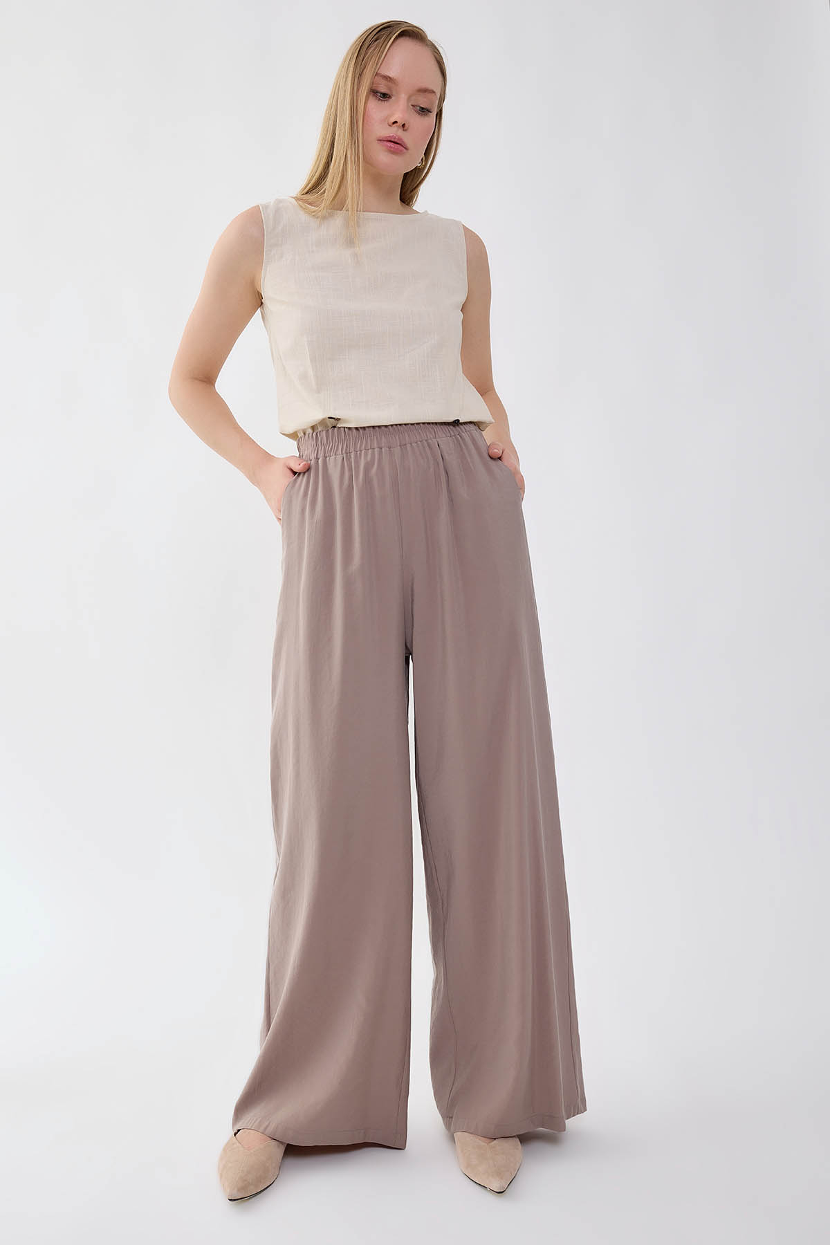 Geniş Paça Beli Lastikli Rahat Pantolon - Thumbnail