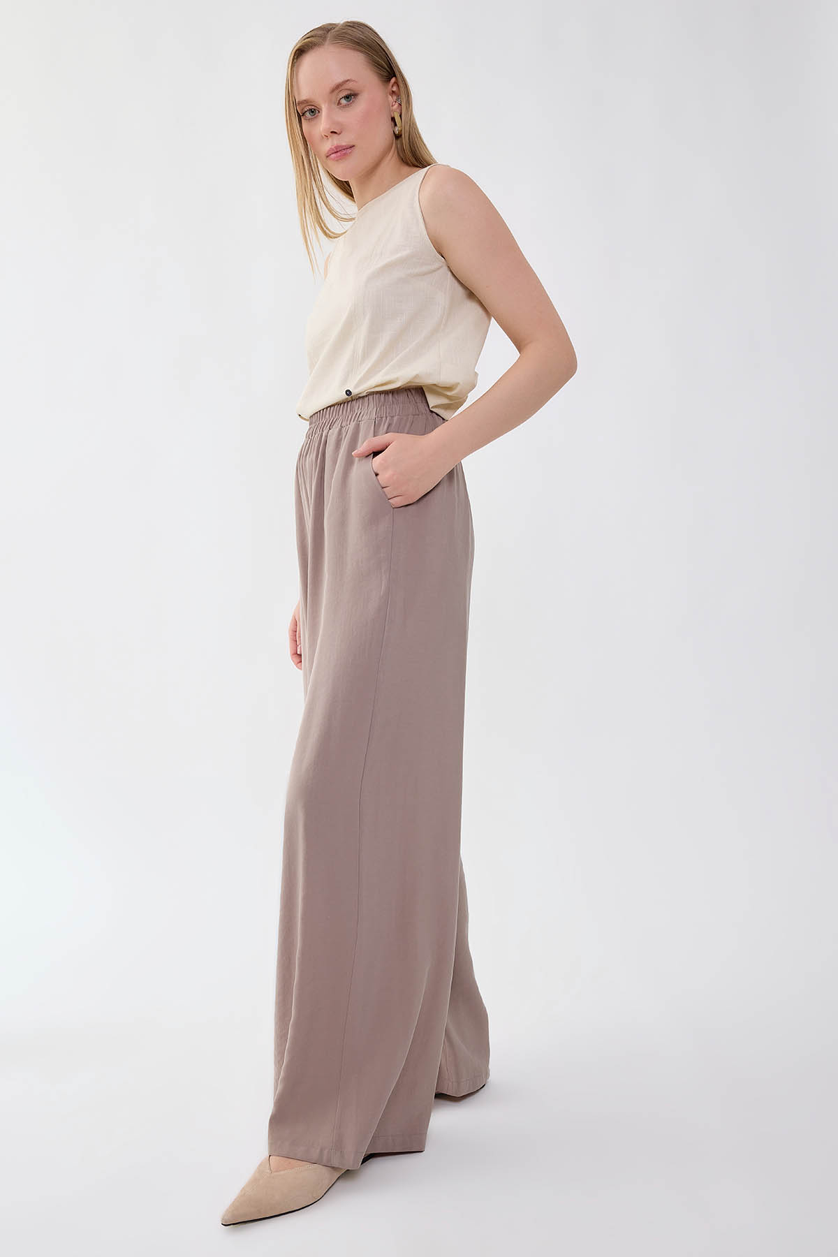 Geniş Paça Beli Lastikli Rahat Pantolon - Thumbnail