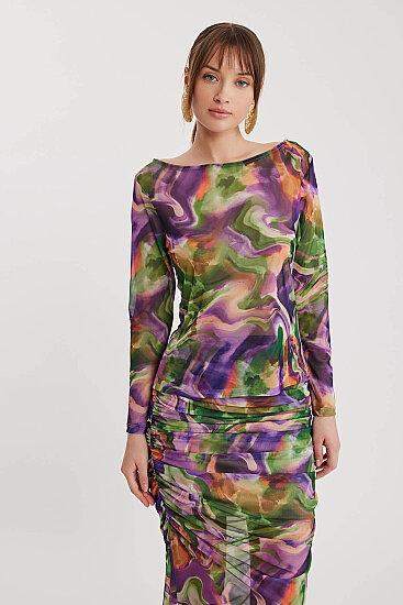 Geniş Yaka Desenli Tül Bluz - 1