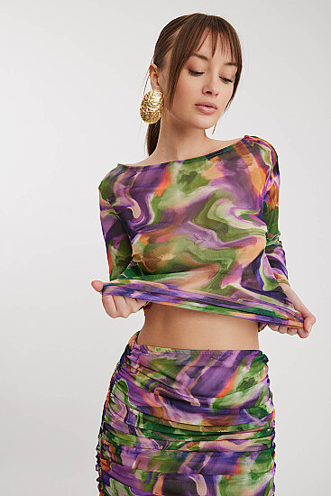 Geniş Yaka Desenli Tül Bluz - 3