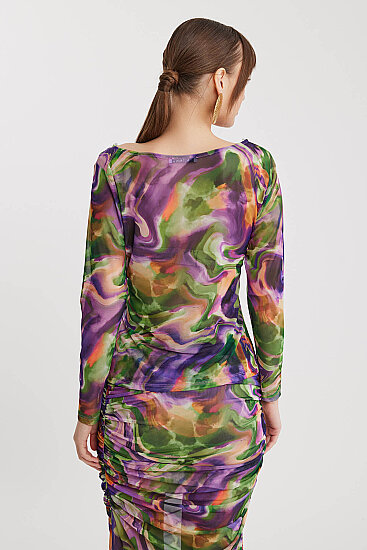 Geniş Yaka Desenli Tül Bluz - 5