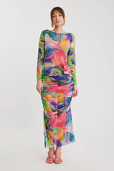 Geniş Yaka Desenli Tül Bluz - 6