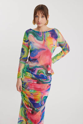 Geniş Yaka Desenli Tül Bluz - Thumbnail (8)