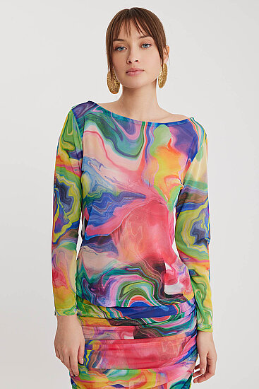 Geniş Yaka Desenli Tül Bluz - 8