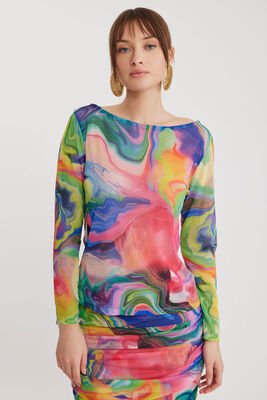 Geniş Yaka Desenli Tül Bluz - Thumbnail (7)