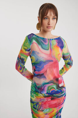 Geniş Yaka Desenli Tül Bluz - Thumbnail (6)