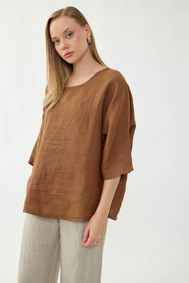 %100 Keten Geniş Yaka Oversize Kısa Kol Bluz (1)
