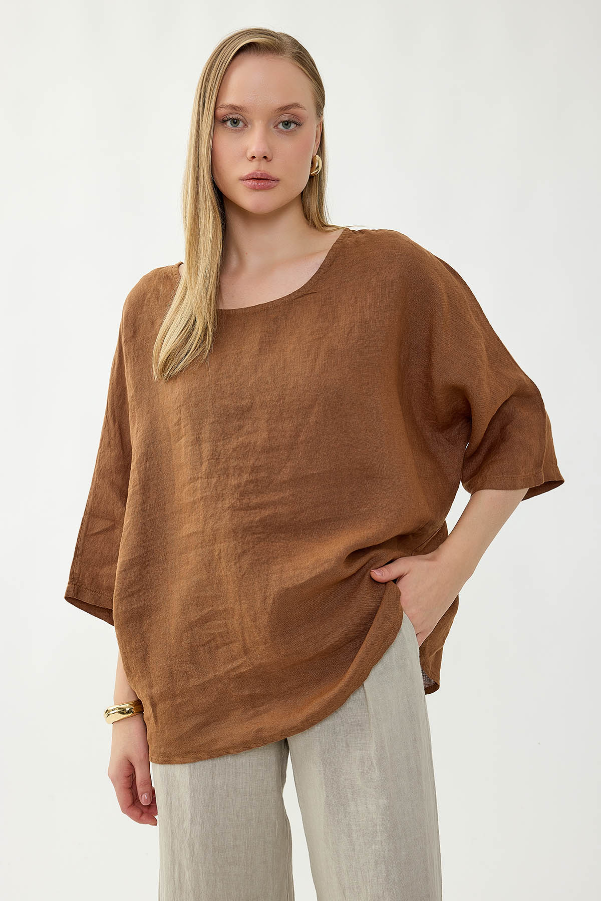 %100 Keten Geniş Yaka Oversize Kısa Kol Bluz - Thumbnail