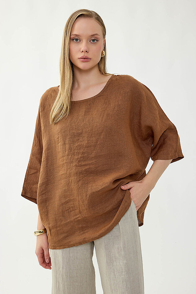 %100 Keten Geniş Yaka Oversize Kısa Kol Bluz - 3