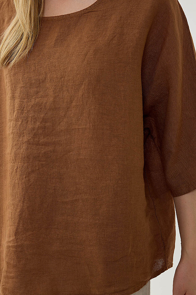 %100 Keten Geniş Yaka Oversize Kısa Kol Bluz - 4