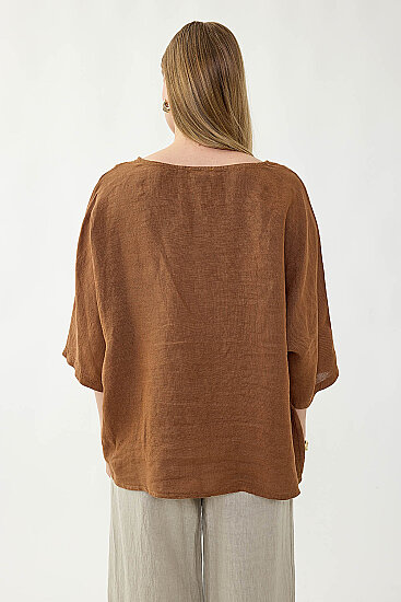 %100 Keten Geniş Yaka Oversize Kısa Kol Bluz - 5