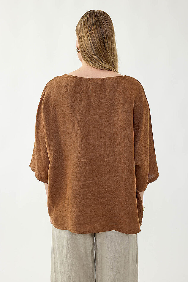 %100 Keten Geniş Yaka Oversize Kısa Kol Bluz - 5