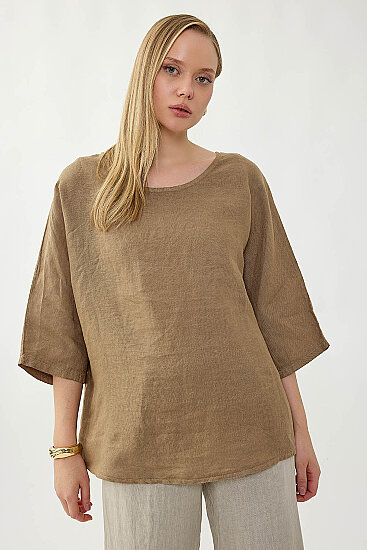 %100 Keten Geniş Yaka Oversize Kısa Kol Bluz - 7
