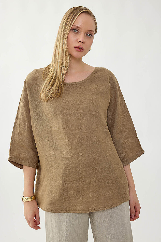 %100 Keten Geniş Yaka Oversize Kısa Kol Bluz - 7