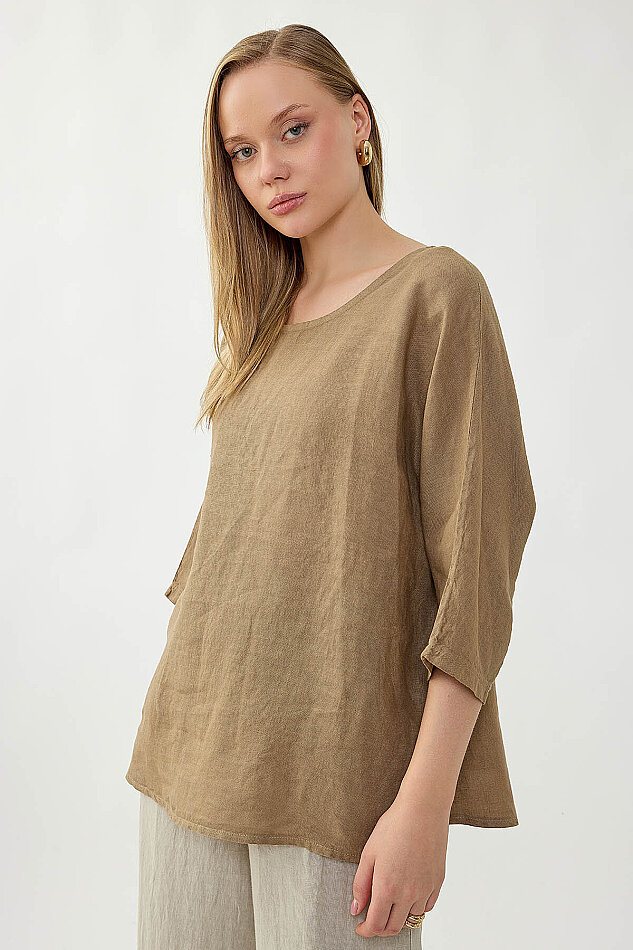 %100 Keten Geniş Yaka Oversize Kısa Kol Bluz - 8