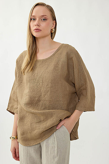 %100 Keten Geniş Yaka Oversize Kısa Kol Bluz - 9