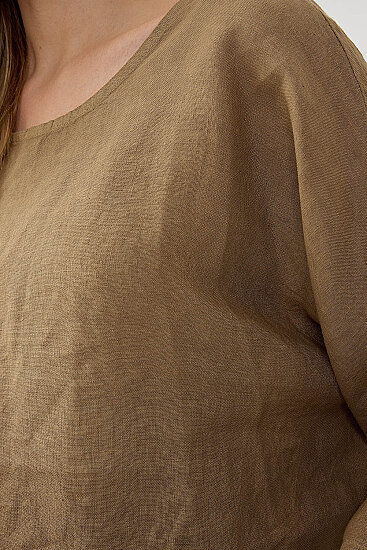 %100 Keten Geniş Yaka Oversize Kısa Kol Bluz - 11