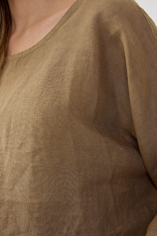 %100 Keten Geniş Yaka Oversize Kısa Kol Bluz - 11