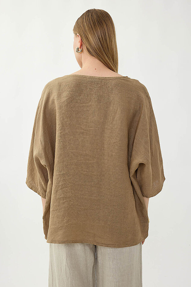 %100 Keten Geniş Yaka Oversize Kısa Kol Bluz - 10