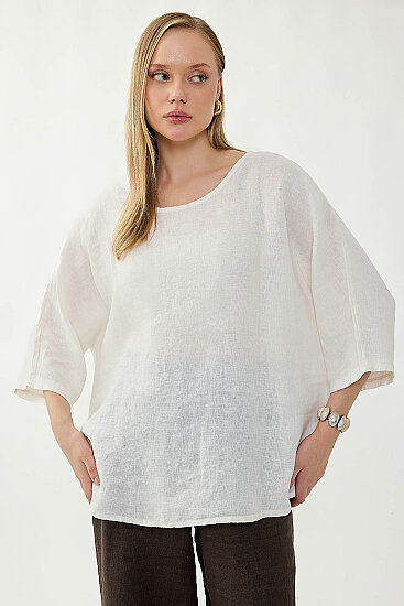 %100 Keten Geniş Yaka Oversize Kısa Kol Bluz - 13