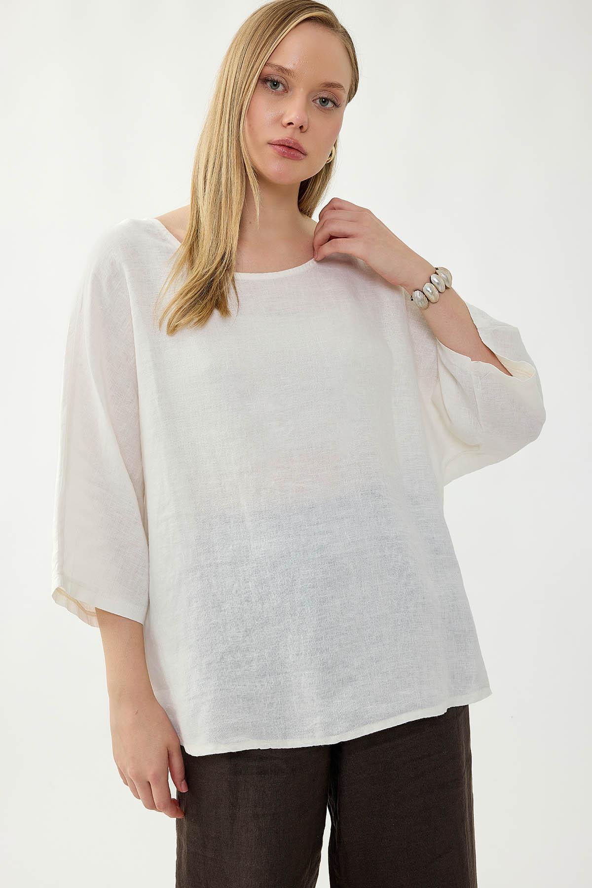 %100 Keten Geniş Yaka Oversize Kısa Kol Bluz - Thumbnail
