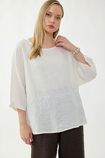 %100 Keten Geniş Yaka Oversize Kısa Kol Bluz - 14