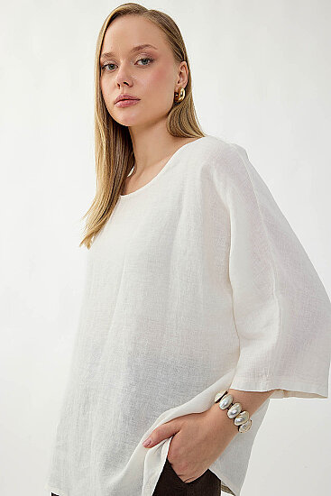 %100 Keten Geniş Yaka Oversize Kısa Kol Bluz - 17