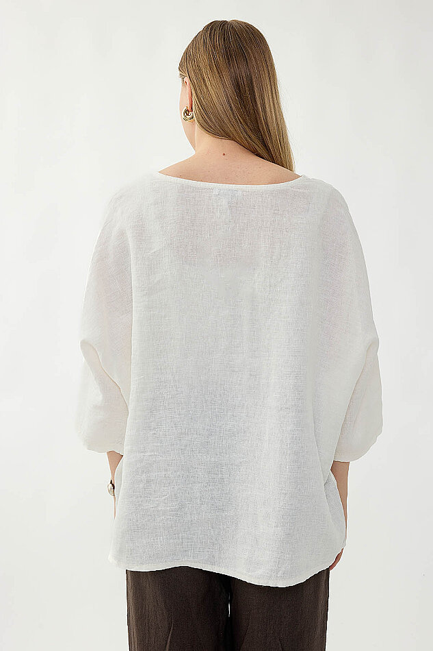 %100 Keten Geniş Yaka Oversize Kısa Kol Bluz - 16