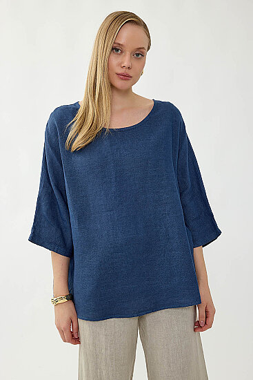%100 Keten Geniş Yaka Oversize Kısa Kol Bluz - 19