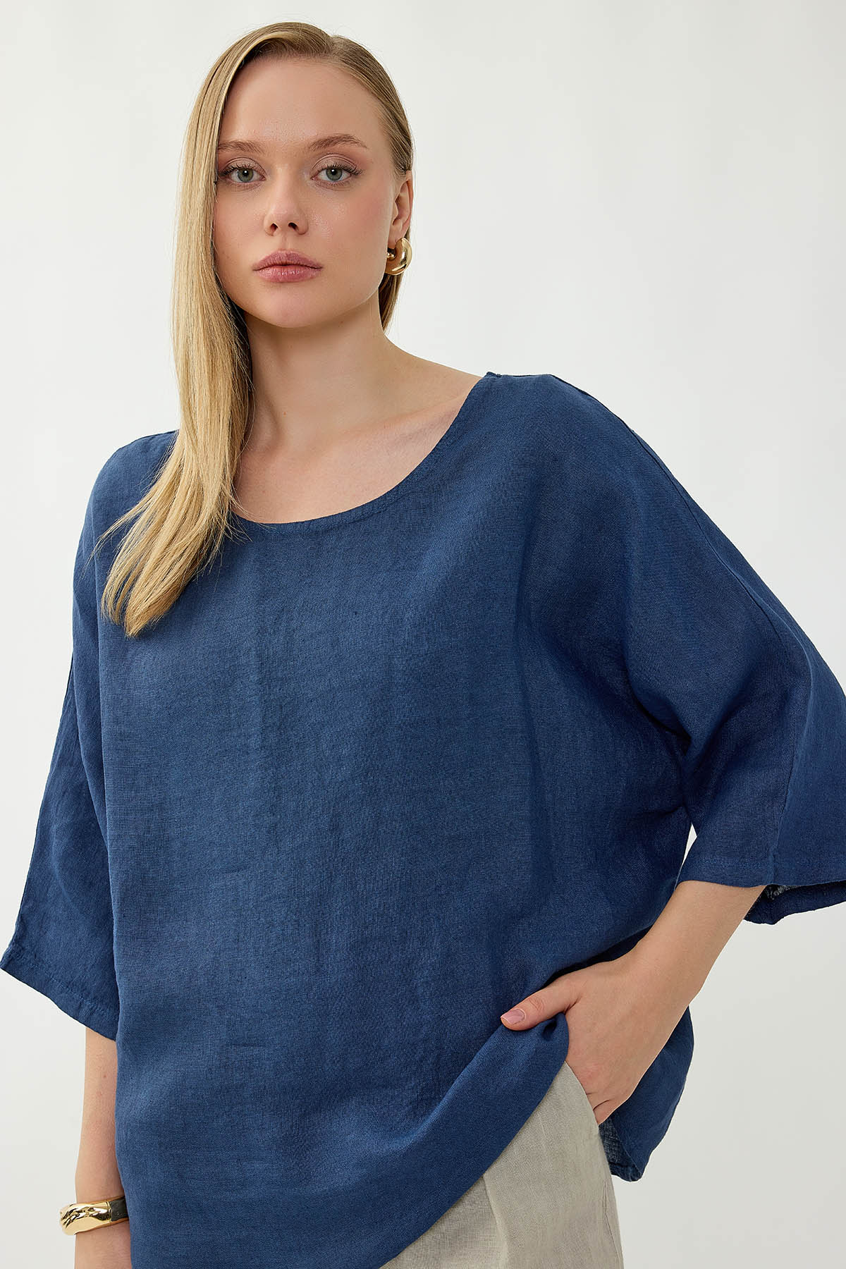 %100 Keten Geniş Yaka Oversize Kısa Kol Bluz - Thumbnail