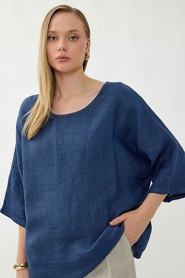 %100 Keten Geniş Yaka Oversize Kısa Kol Bluz - 20
