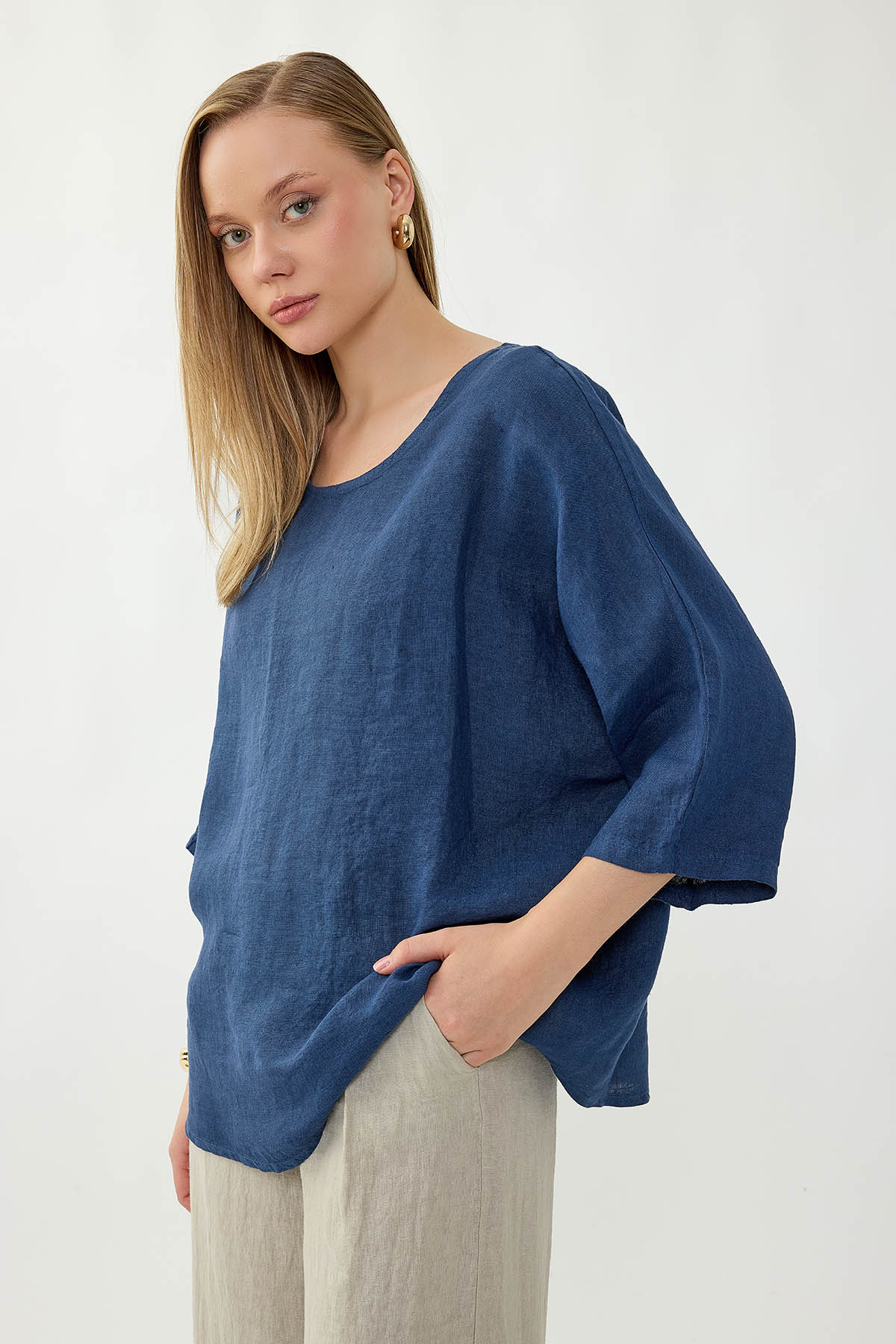 %100 Keten Geniş Yaka Oversize Kısa Kol Bluz - Thumbnail