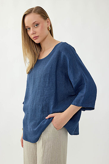 %100 Keten Geniş Yaka Oversize Kısa Kol Bluz - 21