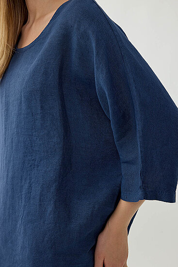 %100 Keten Geniş Yaka Oversize Kısa Kol Bluz - 23