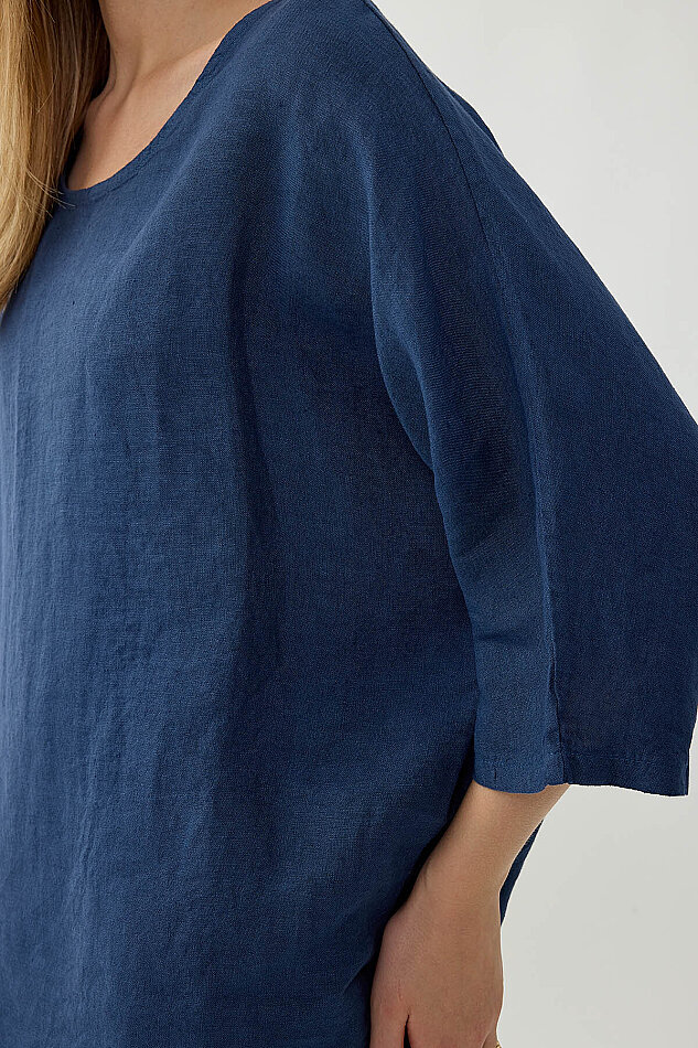 %100 Keten Geniş Yaka Oversize Kısa Kol Bluz - 23
