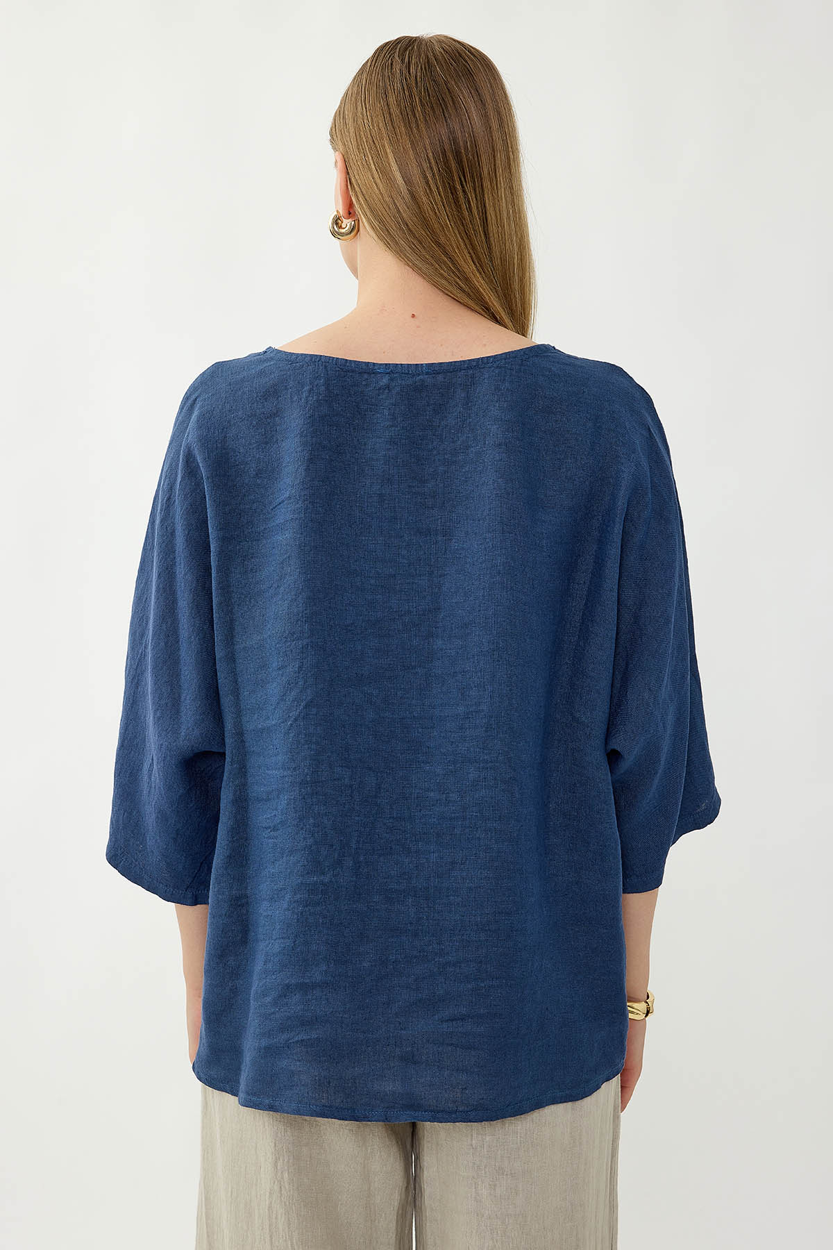 %100 Keten Geniş Yaka Oversize Kısa Kol Bluz - Thumbnail