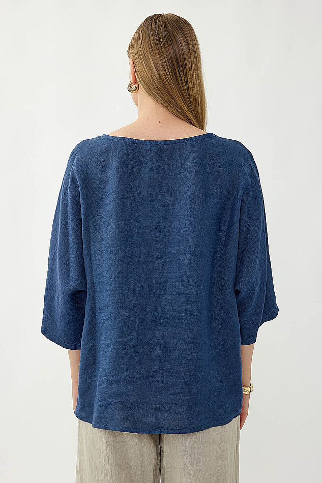 %100 Keten Geniş Yaka Oversize Kısa Kol Bluz - 22