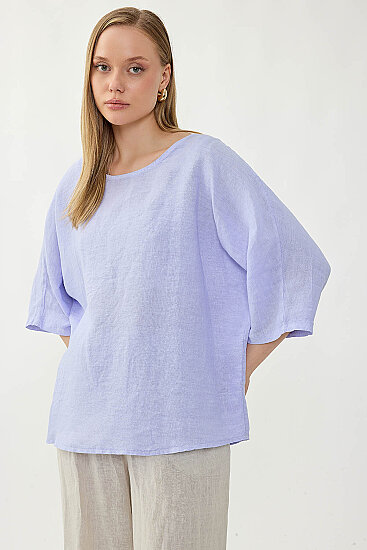 %100 Keten Geniş Yaka Oversize Kısa Kol Bluz - 26