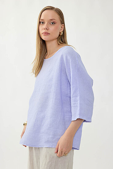 %100 Keten Geniş Yaka Oversize Kısa Kol Bluz - 27